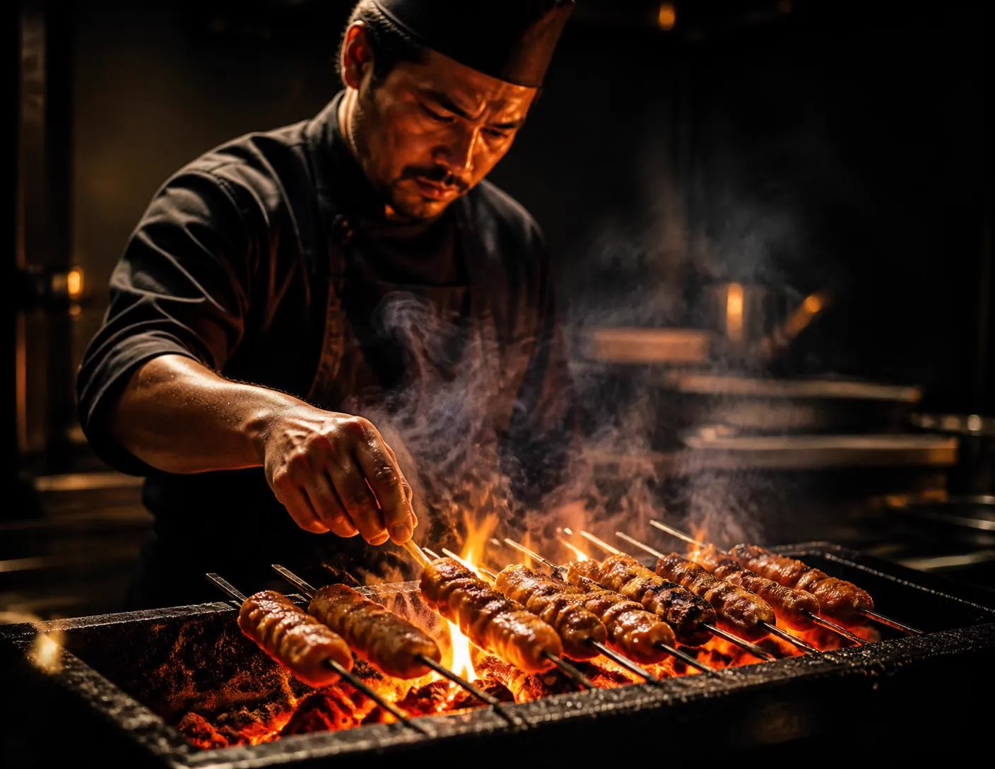 Chef grilling skewers over glowing charcoal