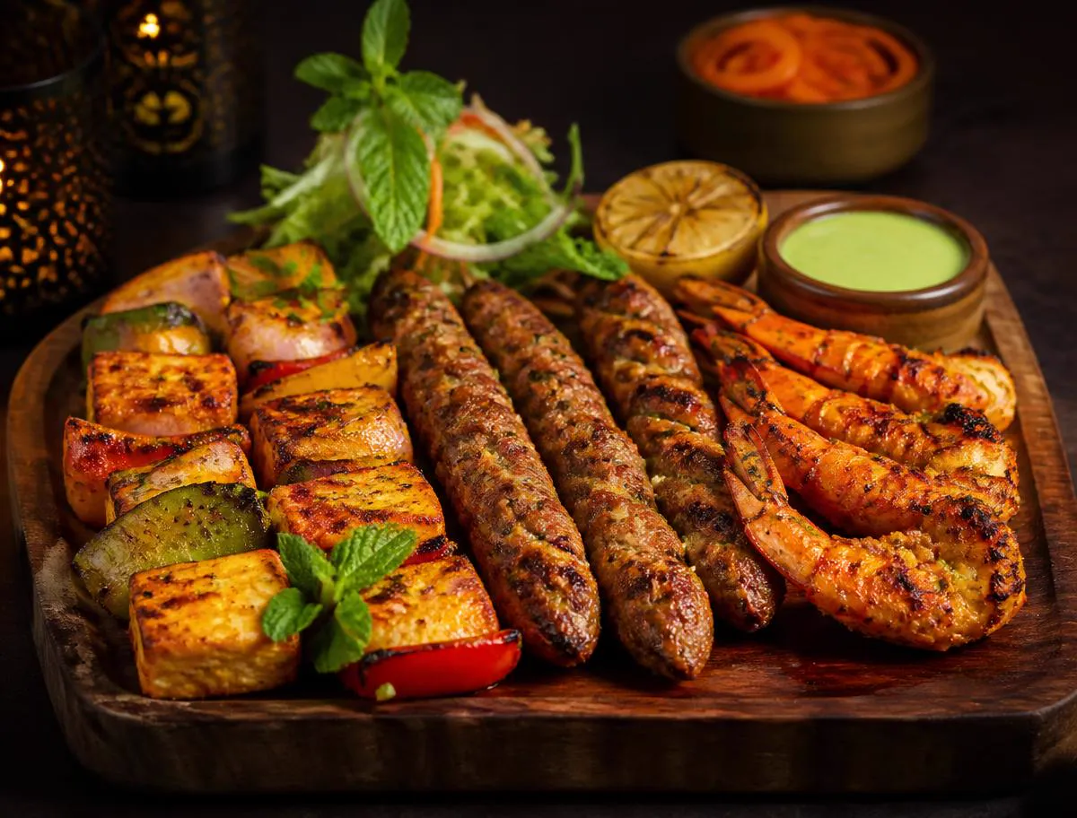 Mixed grill platter with kebabs, paneer tikka and prawns