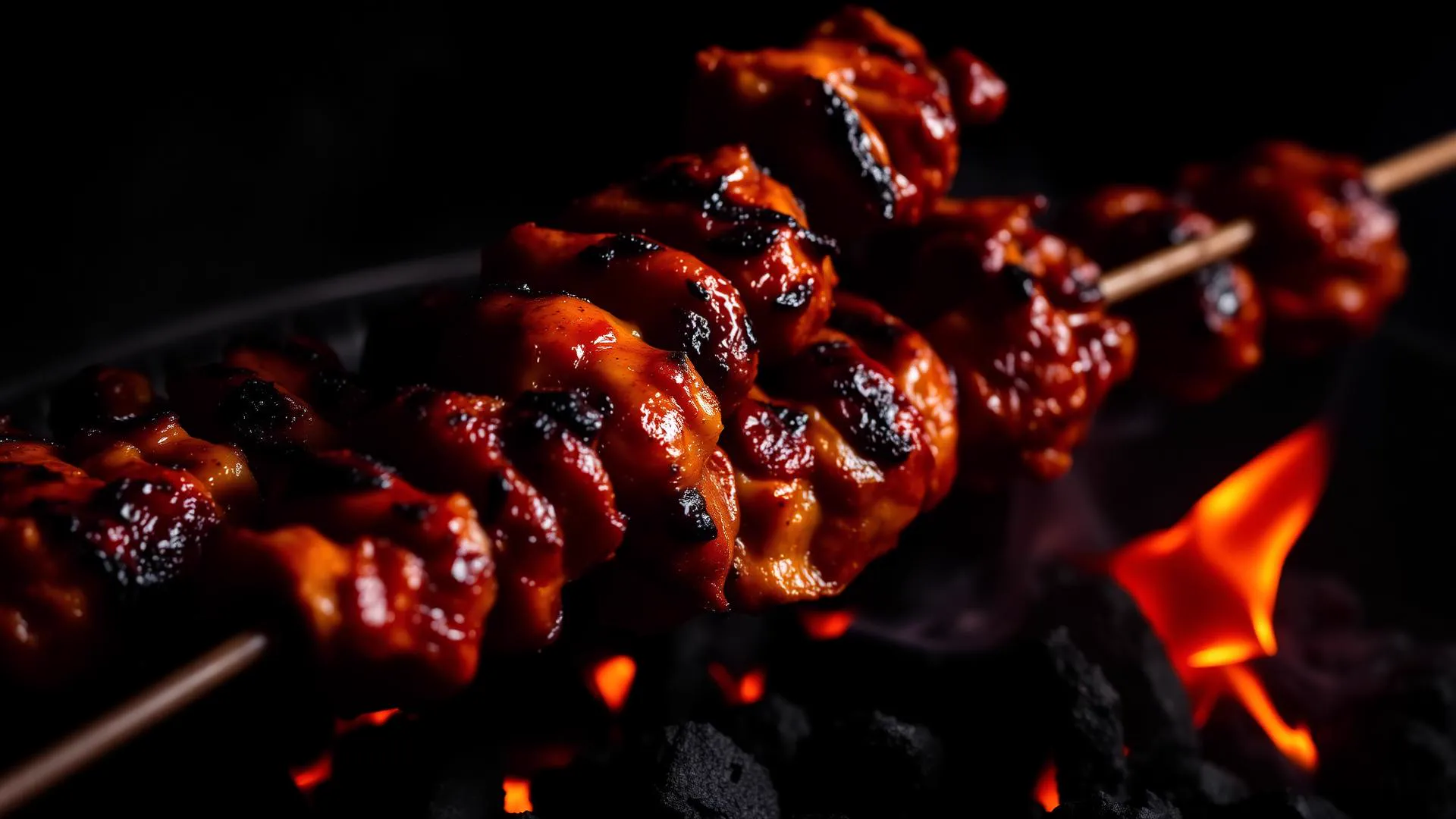 Charred skewers resting on the charcoal grill