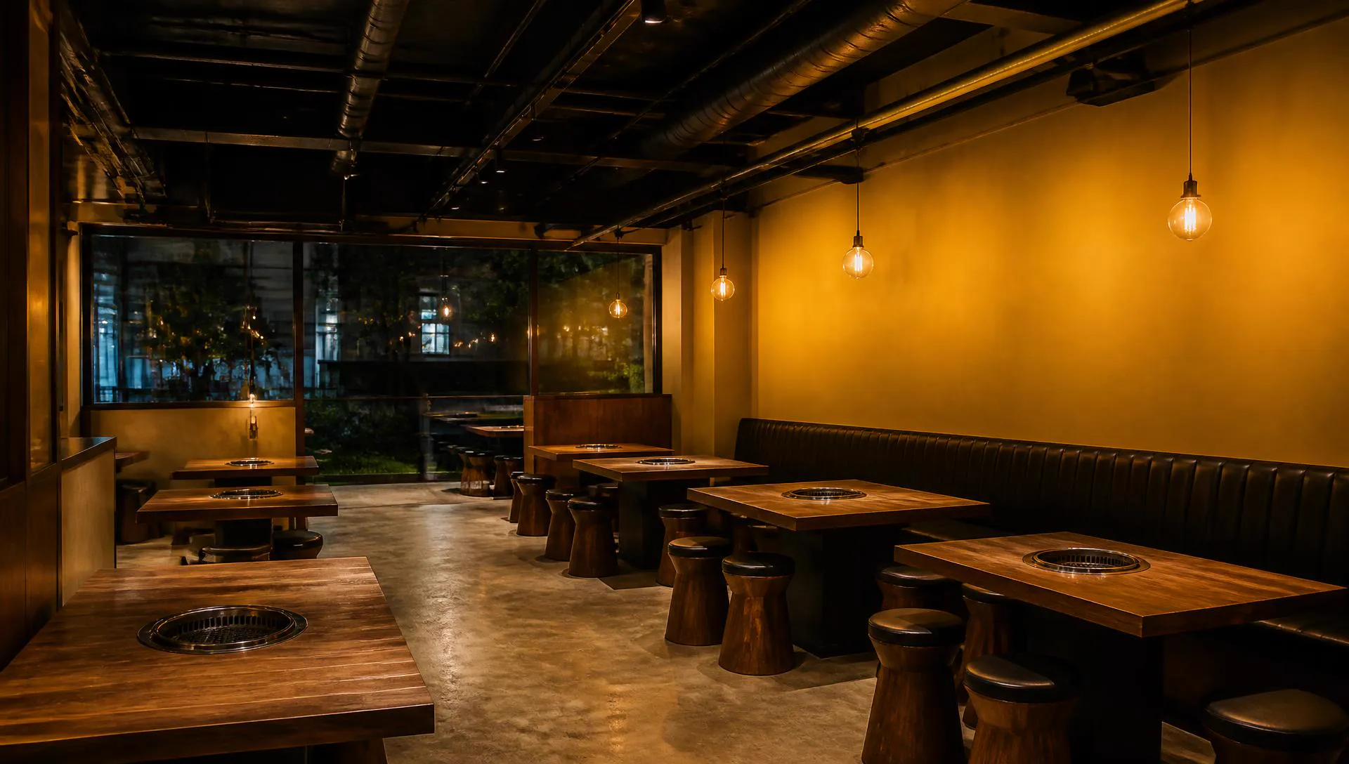 Warmly lit dining room at Hibachi Coal House