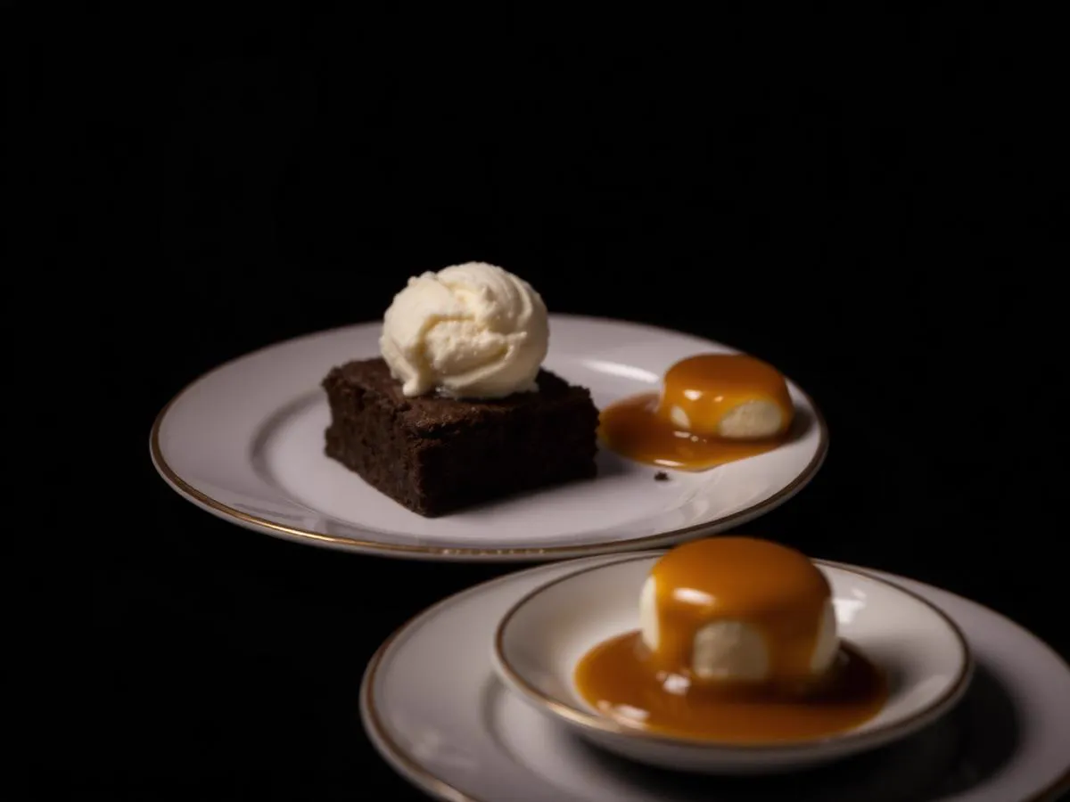 Brownie with ice cream and caramel custard desserts