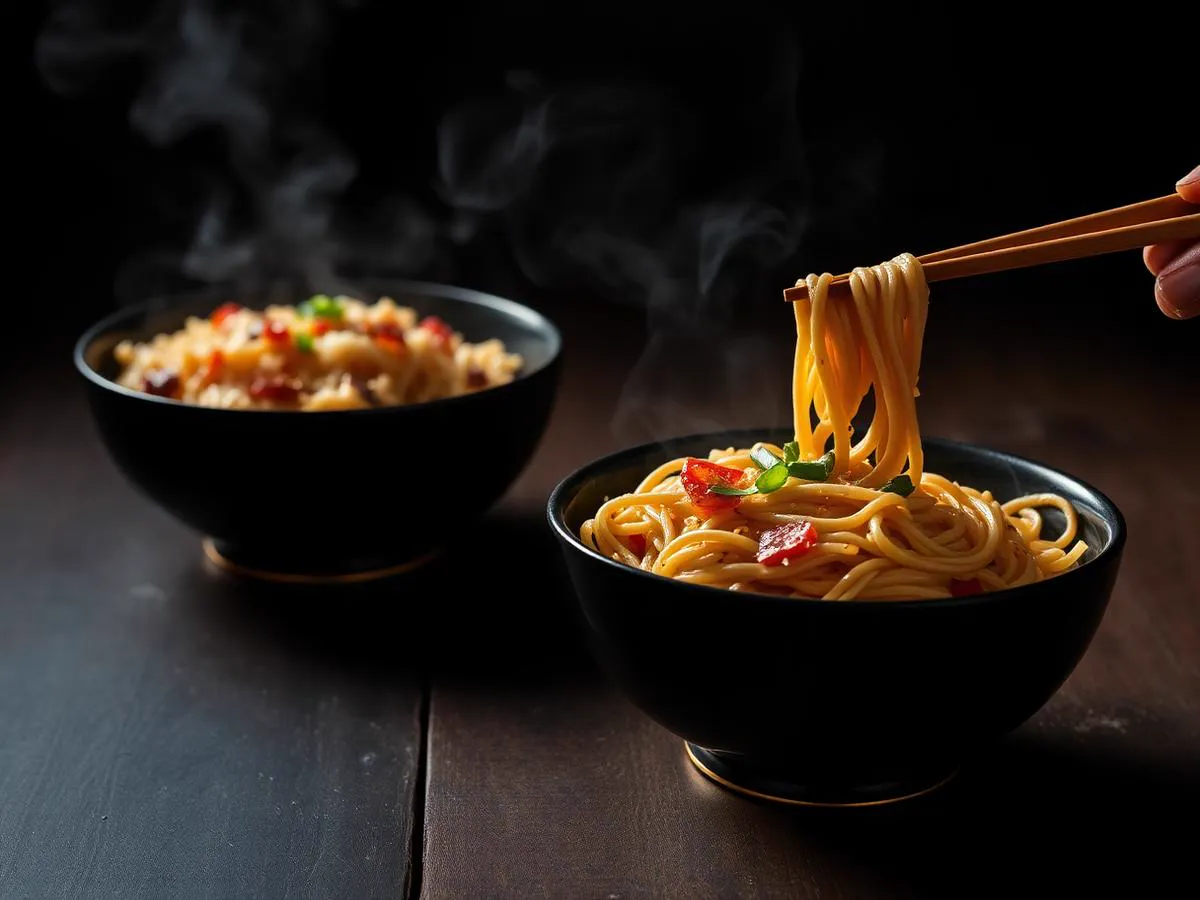 Bowls of schezwan fried rice and hakka noodles with steam