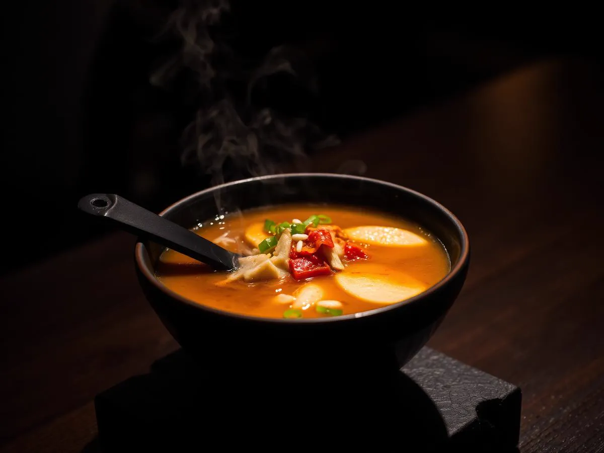 Steaming bowl of hot and sour soup in a black ceramic bowl