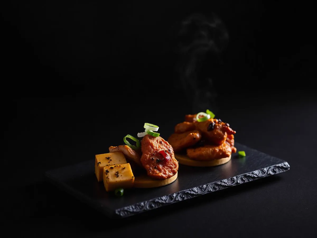 Chilli paneer and glazed chicken starters plated on dark slate