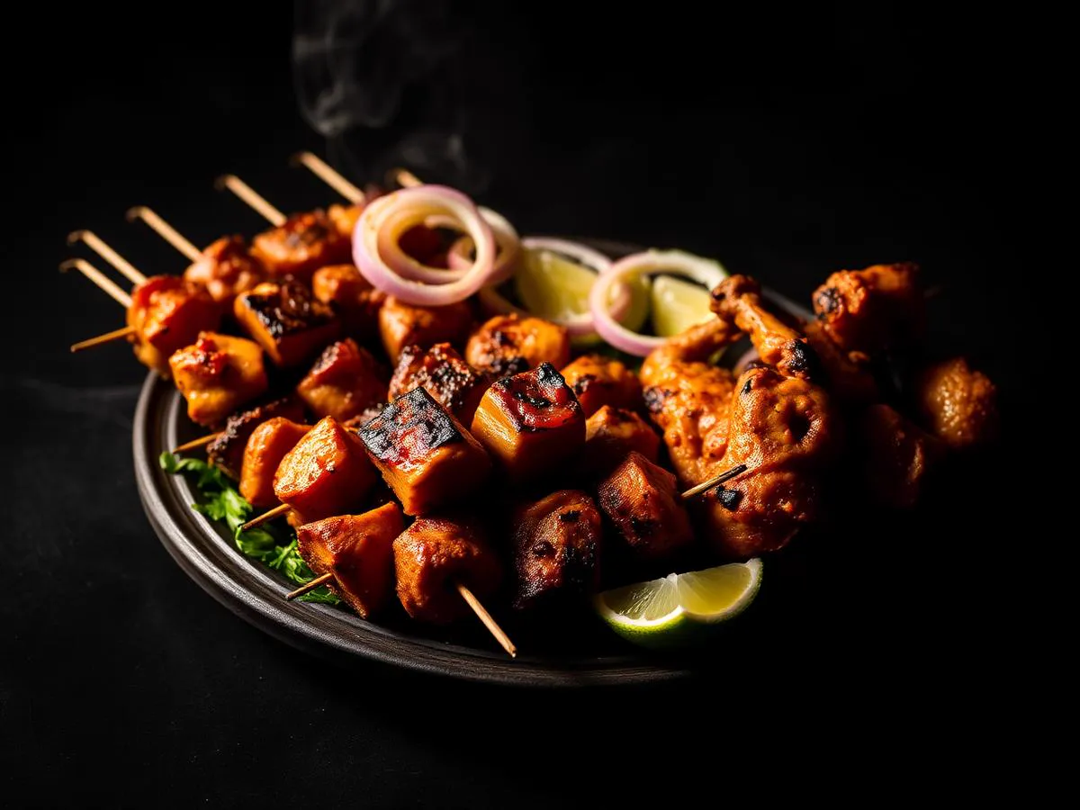 Assorted tandoori kababs on a platter with onion and lime