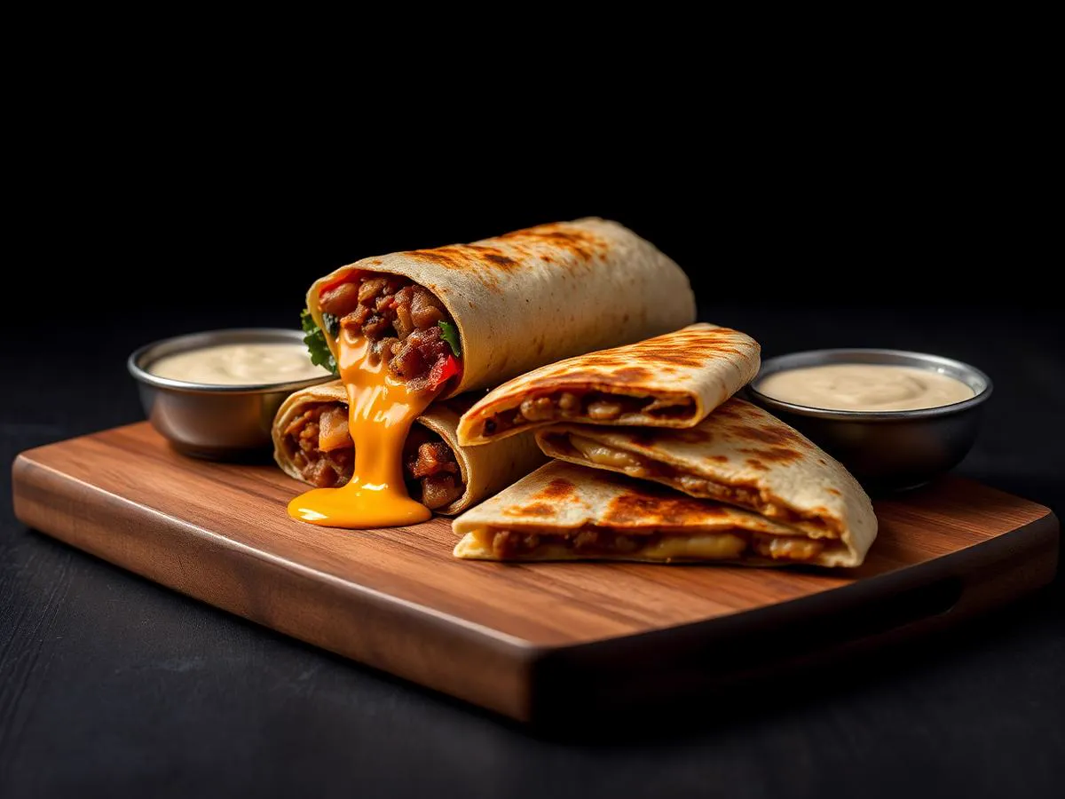 Grilled burrito and quesadilla wedges on a wooden board